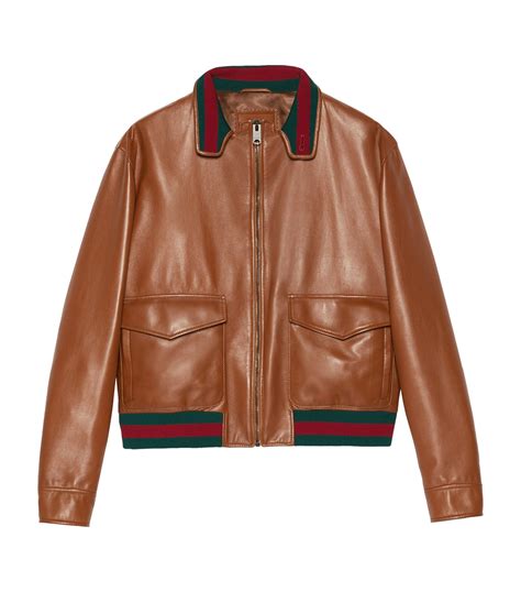 gucci vintage bomber brown leather jacket|Gucci bomber jacket men's.